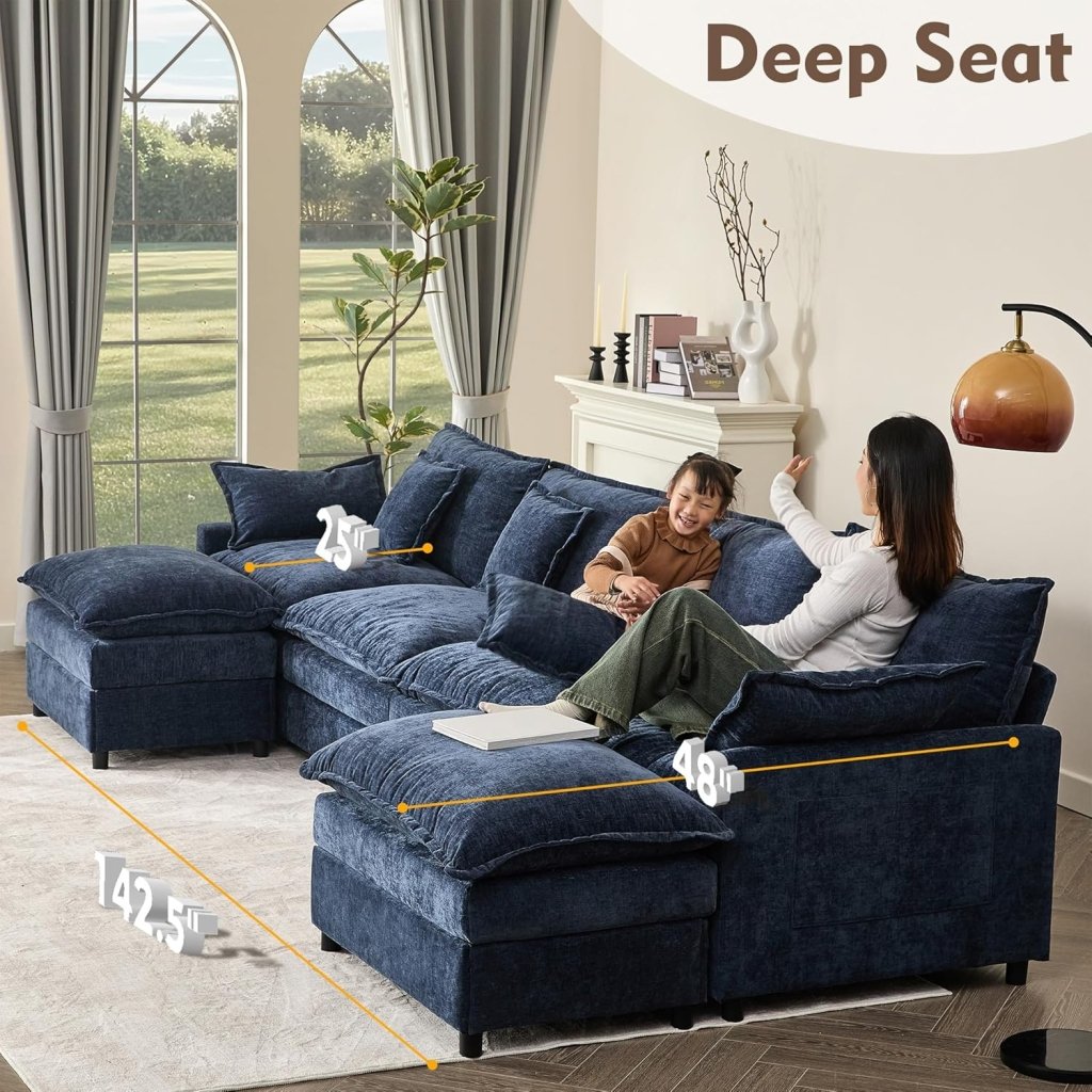 108 Inch U Shape Sofa, Sectional Sofa, Comfortable Cloud Sofa with Removable Footstool, Living Room Deep Seat Sofa, Linen, Beige - Wigtrends