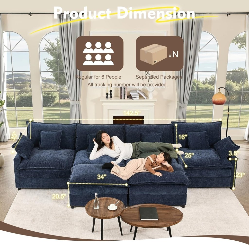 108 Inch U Shape Sofa, Sectional Sofa, Comfortable Cloud Sofa with Removable Footstool, Living Room Deep Seat Sofa, Linen, Beige - Wigtrends