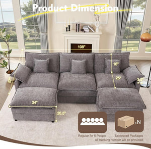 108 Inch U Shape Sofa, Sectional Sofa, Comfortable Cloud Sofa with Removable Footstool, Living Room Deep Seat Sofa, Linen, Beige - Wigtrends