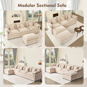 108 Inch U Shape Sofa, Sectional Sofa, Comfortable Cloud Sofa with Removable Footstool, Living Room Deep Seat Sofa, Linen, Beige - Wigtrends