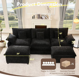 108 Inch U Shape Sofa, Sectional Sofa, Comfortable Cloud Sofa with Removable Footstool, Living Room Deep Seat Sofa, Linen, Beige - Wigtrends