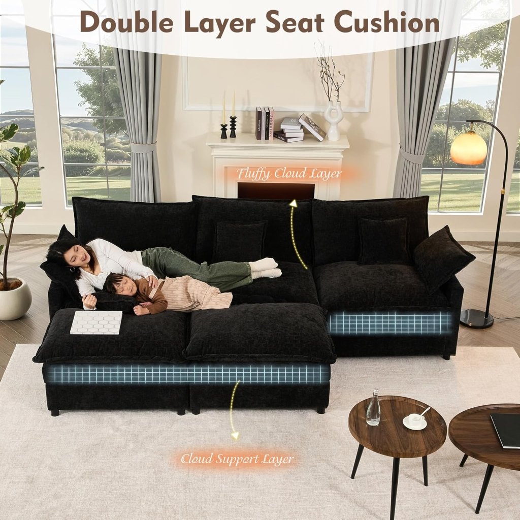 108 Inch U Shape Sofa, Sectional Sofa, Comfortable Cloud Sofa with Removable Footstool, Living Room Deep Seat Sofa, Linen, Beige - Wigtrends