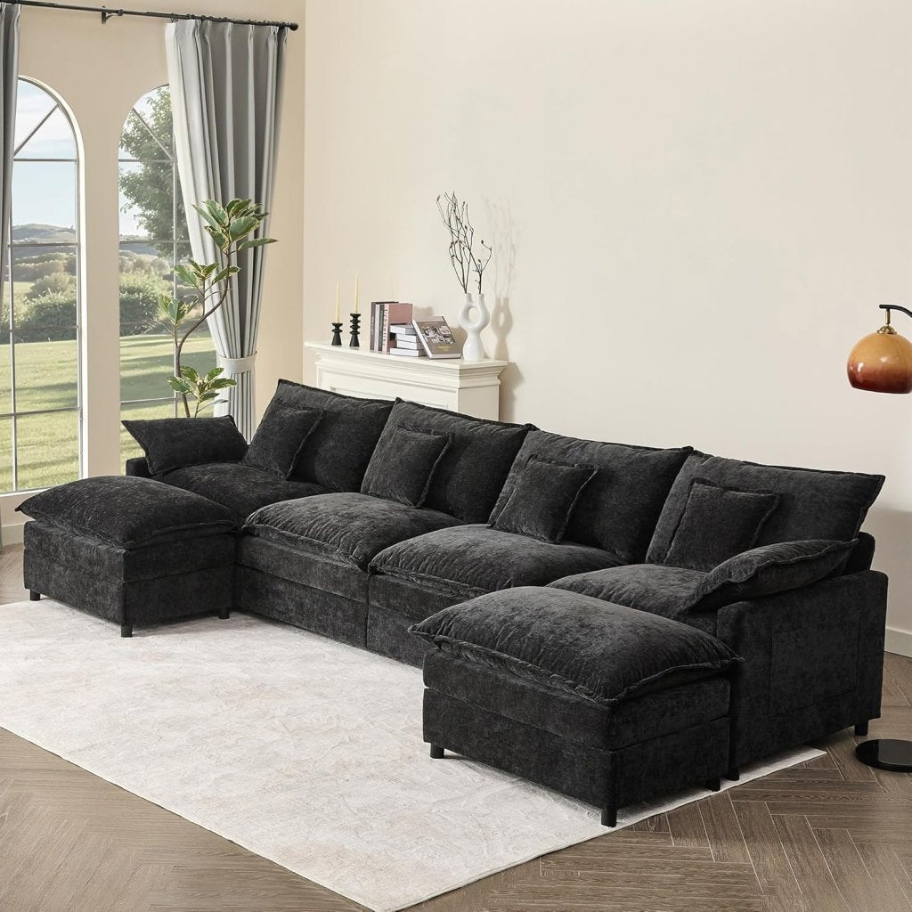 108 Inch U Shape Sofa, Sectional Sofa, Comfortable Cloud Sofa with Removable Footstool, Living Room Deep Seat Sofa, Linen, Beige - Wigtrends