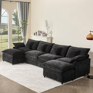 108 Inch U Shape Sofa, Sectional Sofa, Comfortable Cloud Sofa with Removable Footstool, Living Room Deep Seat Sofa, Linen, Beige - Wigtrends