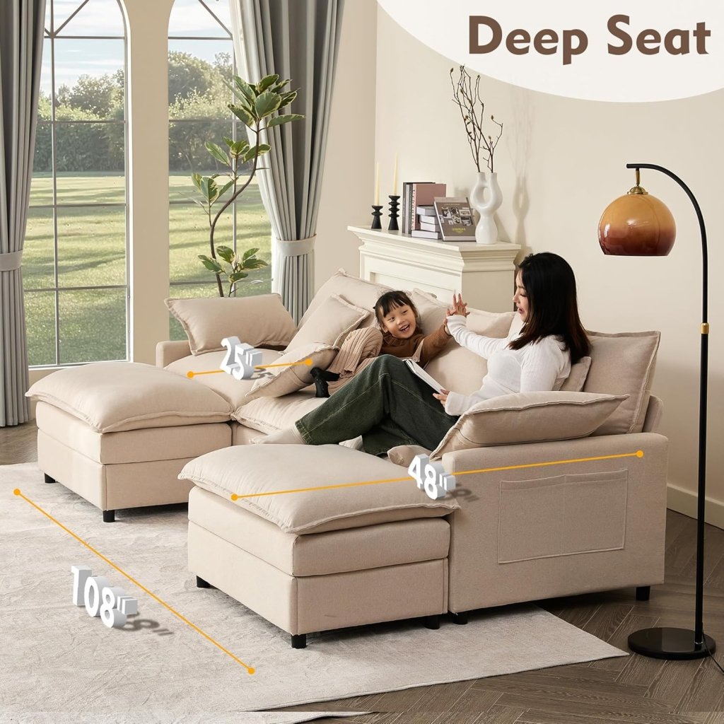 108 Inch U Shape Sofa, Sectional Sofa, Comfortable Cloud Sofa with Removable Footstool, Living Room Deep Seat Sofa, Linen, Beige - Wigtrends