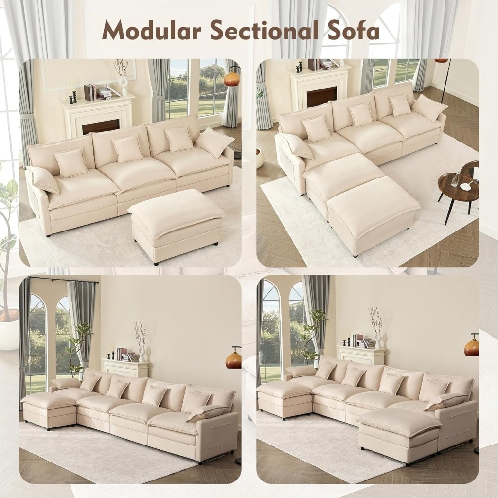 108 Inch U Shape Sofa, Sectional Sofa, Comfortable Cloud Sofa with Removable Footstool, Living Room Deep Seat Sofa, Linen, Beige - Wigtrends