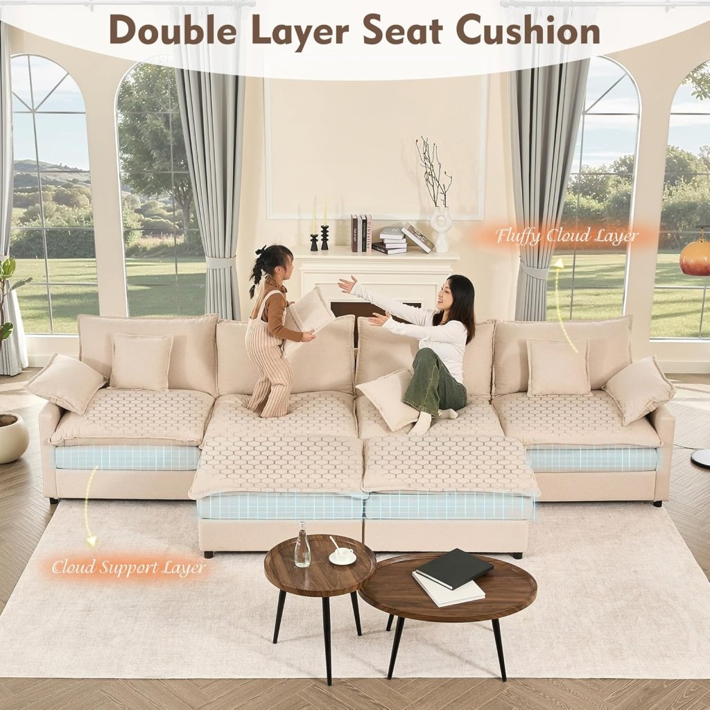 108 Inch U Shape Sofa, Sectional Sofa, Comfortable Cloud Sofa with Removable Footstool, Living Room Deep Seat Sofa, Linen, Beige - Wigtrends