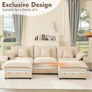 108 Inch U Shape Sofa, Sectional Sofa, Comfortable Cloud Sofa with Removable Footstool, Living Room Deep Seat Sofa, Linen, Beige - Wigtrends