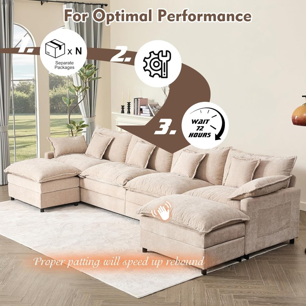 108 Inch U Shape Sofa, Sectional Sofa, Comfortable Cloud Sofa with Removable Footstool, Living Room Deep Seat Sofa, Linen, Beige - Wigtrends