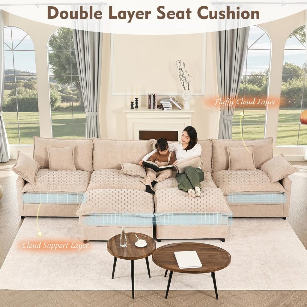 108 Inch U Shape Sofa, Sectional Sofa, Comfortable Cloud Sofa with Removable Footstool, Living Room Deep Seat Sofa, Linen, Beige - Wigtrends