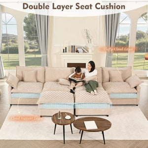108 Inch U Shape Sofa, Sectional Sofa, Comfortable Cloud Sofa with Removable Footstool, Living Room Deep Seat Sofa, Linen, Beige - Wigtrends