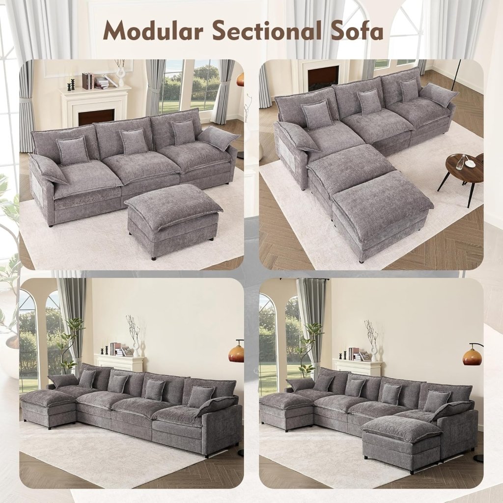 108 Inch U Shape Sofa, Sectional Sofa, Comfortable Cloud Sofa with Removable Footstool, Living Room Deep Seat Sofa, Linen, Beige - Wigtrends