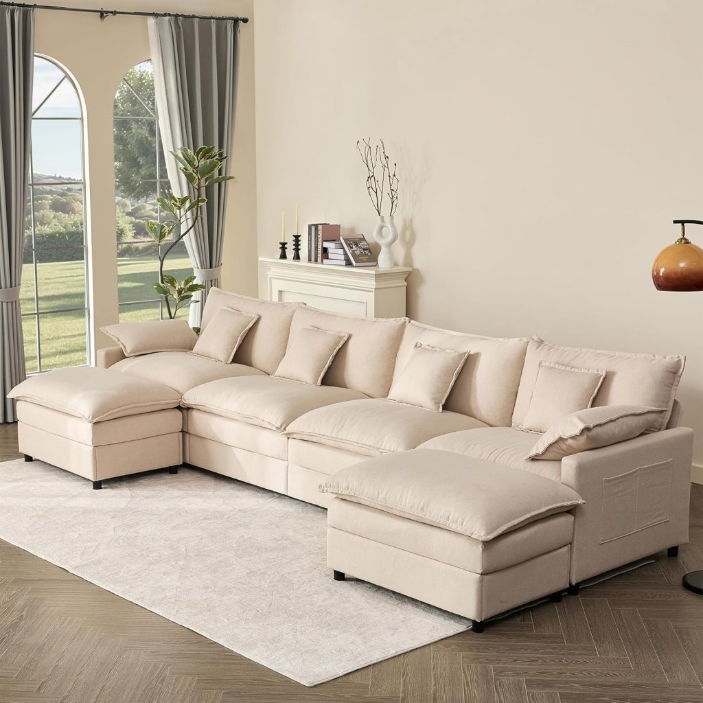 108 Inch U Shape Sofa, Sectional Sofa, Comfortable Cloud Sofa with Removable Footstool, Living Room Deep Seat Sofa, Linen, Beige - Wigtrends