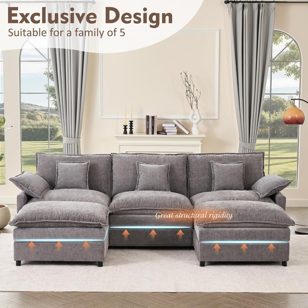 108 Inch U Shape Sofa, Sectional Sofa, Comfortable Cloud Sofa with Removable Footstool, Living Room Deep Seat Sofa, Linen, Beige - Wigtrends