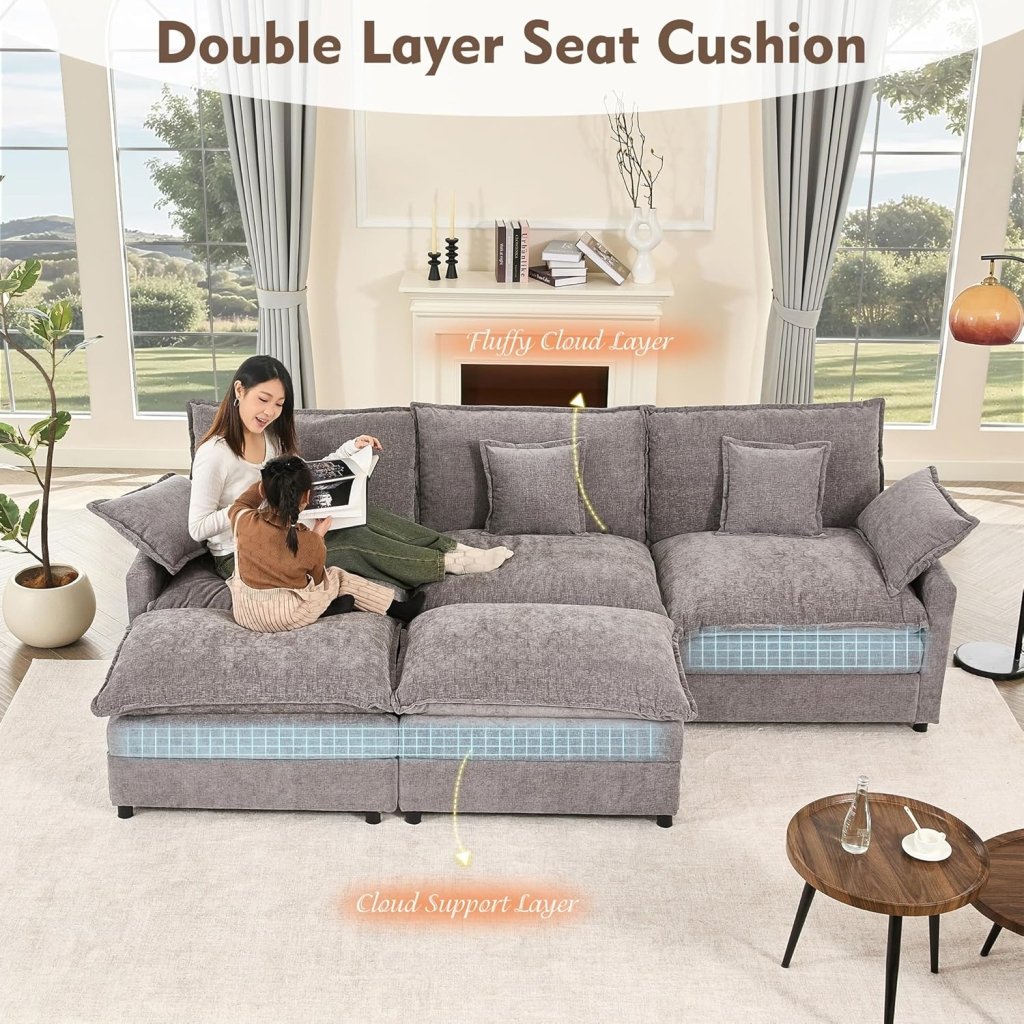 108 Inch U Shape Sofa, Sectional Sofa, Comfortable Cloud Sofa with Removable Footstool, Living Room Deep Seat Sofa, Linen, Beige - Wigtrends