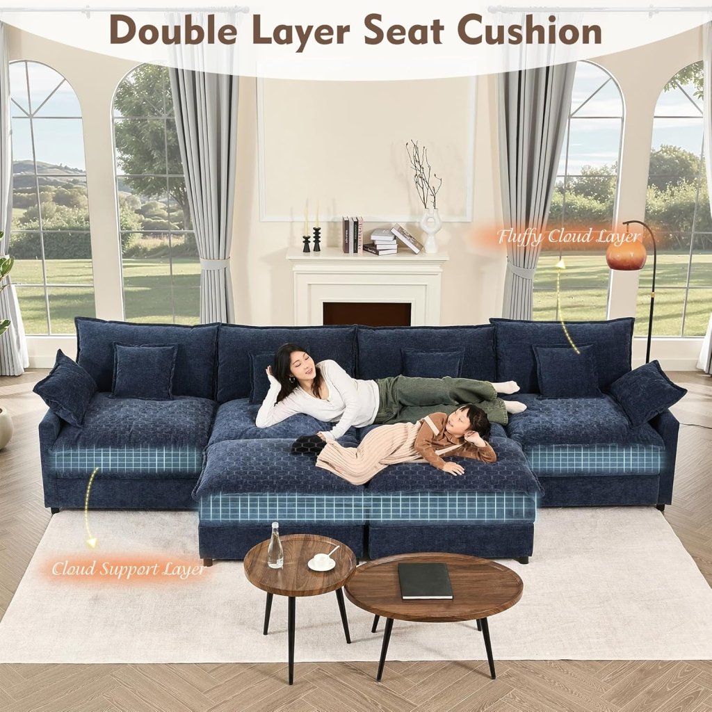 108 Inch U Shape Sofa, Sectional Sofa, Comfortable Cloud Sofa with Removable Footstool, Living Room Deep Seat Sofa, Linen, Beige - Wigtrends