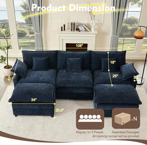 108 Inch U Shape Sofa, Sectional Sofa, Comfortable Cloud Sofa with Removable Footstool, Living Room Deep Seat Sofa, Linen, Beige - Wigtrends