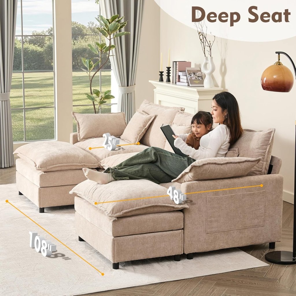 108 Inch U Shape Sofa, Sectional Sofa, Comfortable Cloud Sofa with Removable Footstool, Living Room Deep Seat Sofa, Linen, Beige - Wigtrends