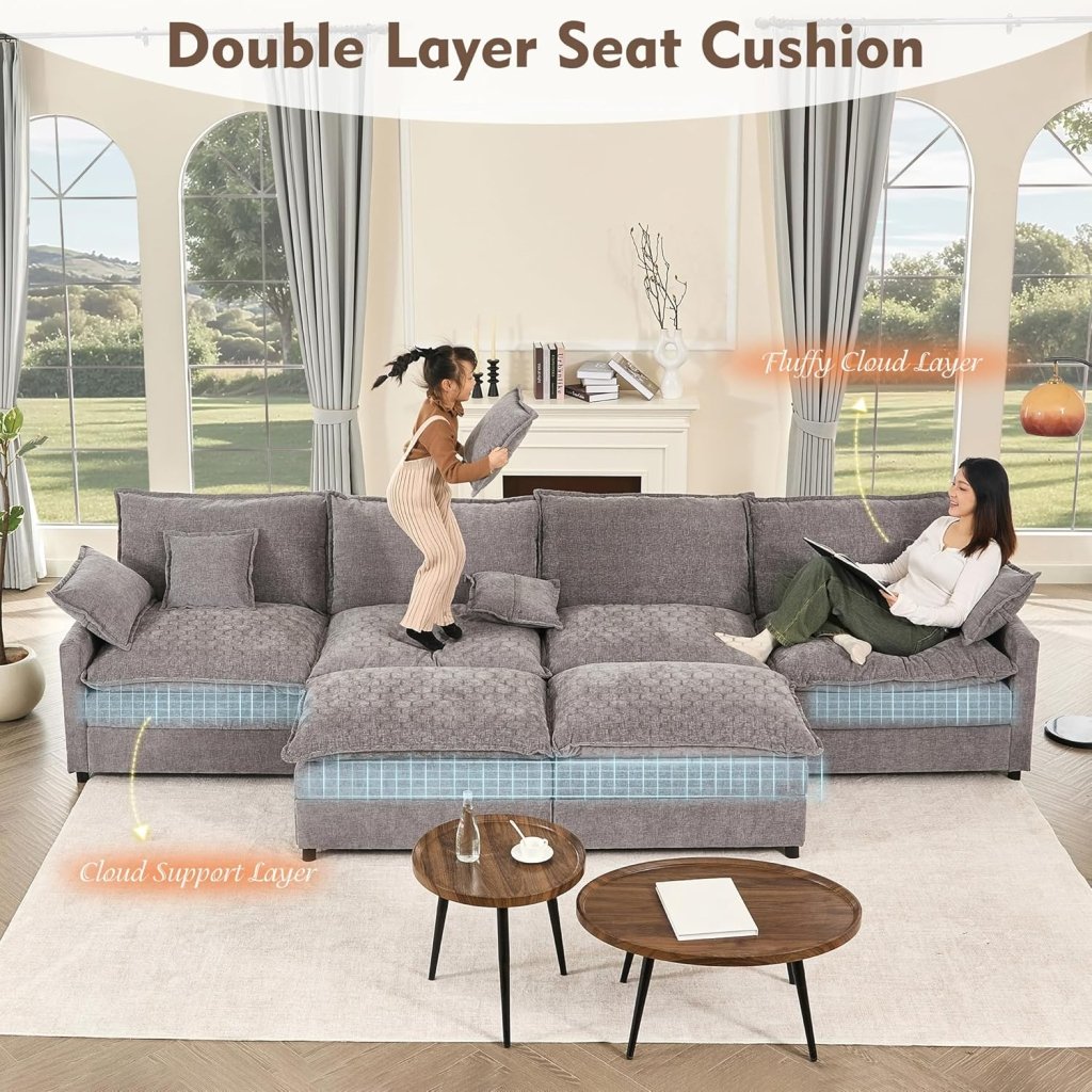 108 Inch U Shape Sofa, Sectional Sofa, Comfortable Cloud Sofa with Removable Footstool, Living Room Deep Seat Sofa, Linen, Beige - Wigtrends