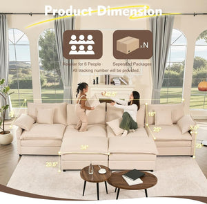 108 Inch U Shape Sofa, Sectional Sofa, Comfortable Cloud Sofa with Removable Footstool, Living Room Deep Seat Sofa, Linen, Beige - Wigtrends