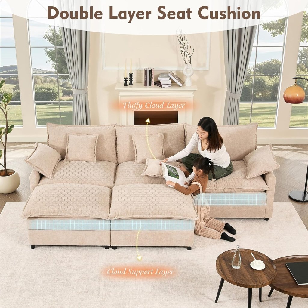 108 Inch U Shape Sofa, Sectional Sofa, Comfortable Cloud Sofa with Removable Footstool, Living Room Deep Seat Sofa, Linen, Beige - Wigtrends