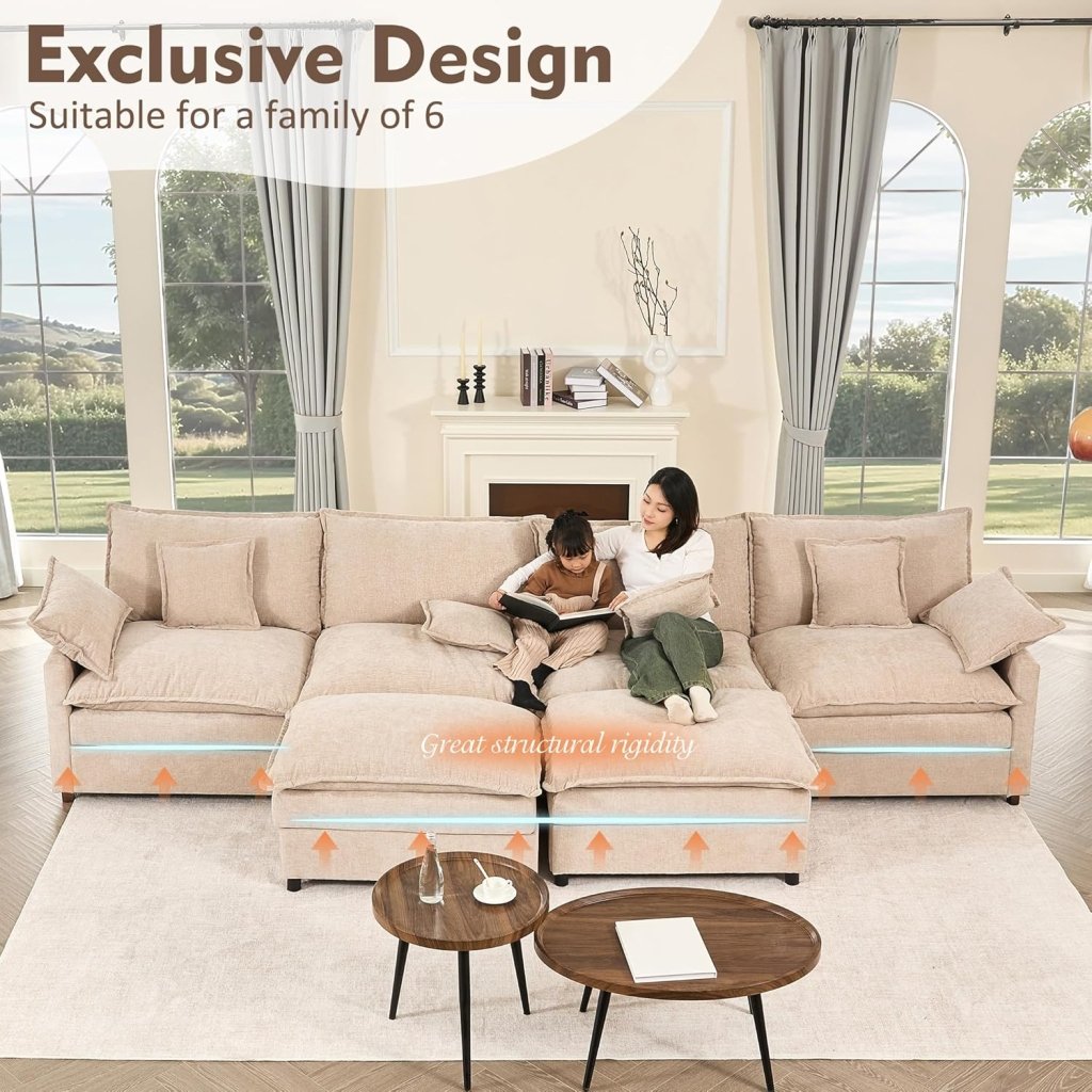 108 Inch U Shape Sofa, Sectional Sofa, Comfortable Cloud Sofa with Removable Footstool, Living Room Deep Seat Sofa, Linen, Beige - Wigtrends