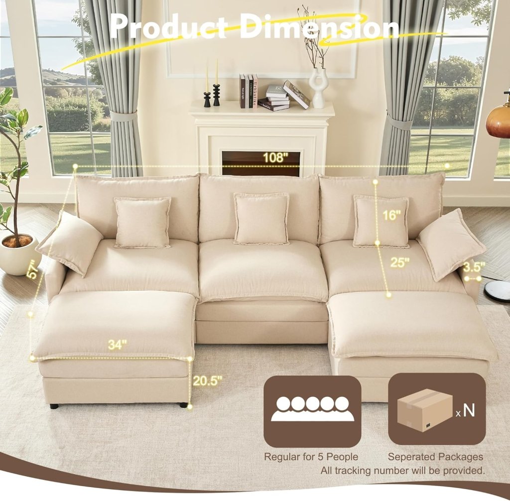 108 Inch U Shape Sofa, Sectional Sofa, Comfortable Cloud Sofa with Removable Footstool, Living Room Deep Seat Sofa, Linen, Beige - Wigtrends
