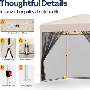 10x10ft Easy Pop - Up Canopy, Outdoor Screen Tent with Mosquito Netting, 2 Zipper Doors, and Roller Bag for Yard Camping Picnic Party Events, Beige - Wigtrends