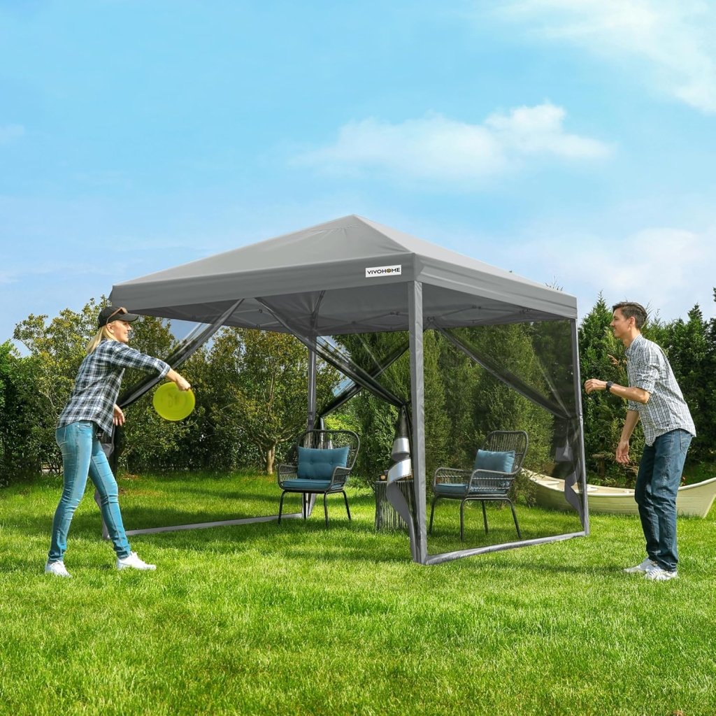 10x10ft Easy Pop - Up Canopy, Outdoor Screen Tent with Mosquito Netting, 2 Zipper Doors, and Roller Bag for Yard Camping Picnic Party Events, Beige - Wigtrends
