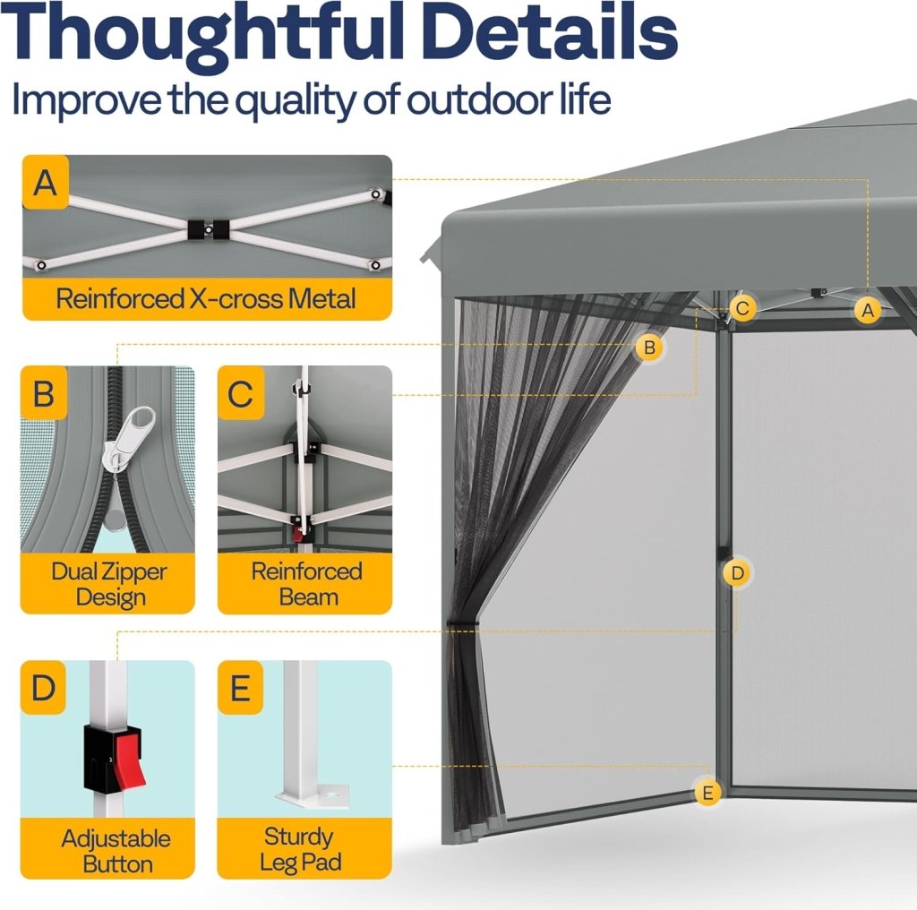 10x10ft Easy Pop - Up Canopy, Outdoor Screen Tent with Mosquito Netting, 2 Zipper Doors, and Roller Bag for Yard Camping Picnic Party Events, Beige - Wigtrends