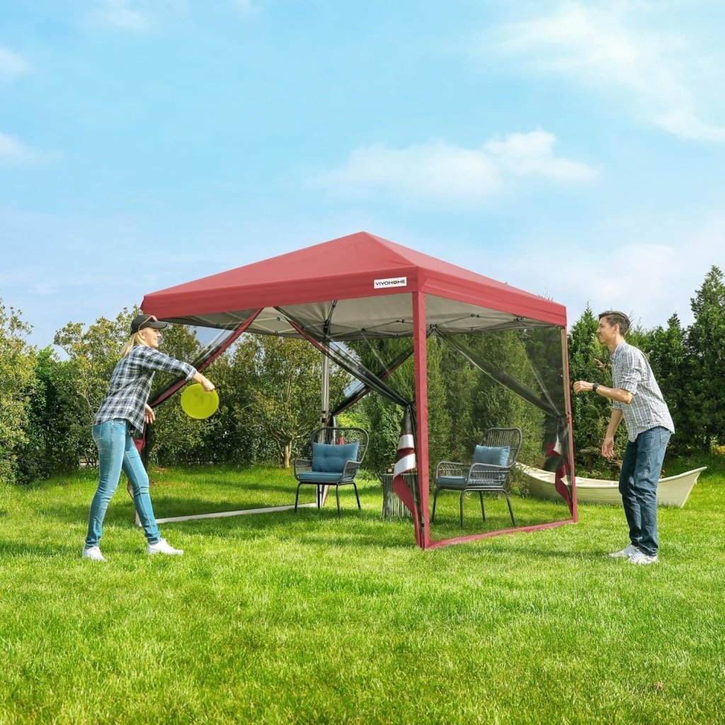 10x10ft Easy Pop - Up Canopy, Outdoor Screen Tent with Mosquito Netting, 2 Zipper Doors, and Roller Bag for Yard Camping Picnic Party Events, Beige - Wigtrends