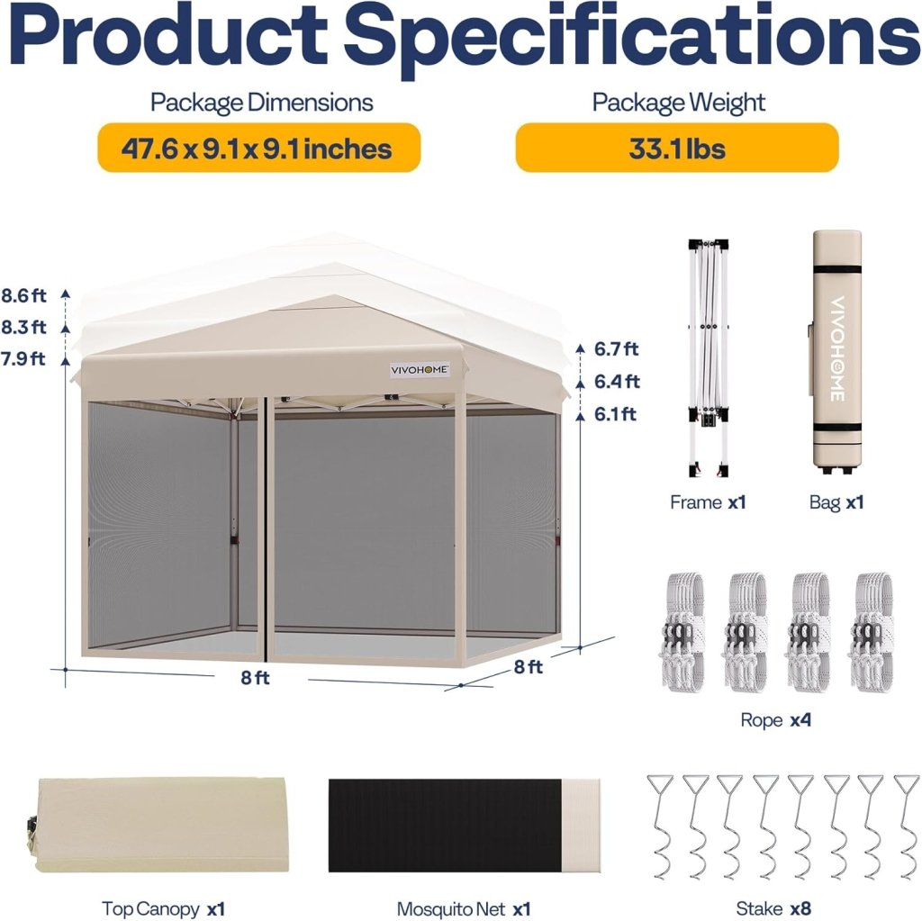 10x10ft Easy Pop - Up Canopy, Outdoor Screen Tent with Mosquito Netting, 2 Zipper Doors, and Roller Bag for Yard Camping Picnic Party Events, Beige - Wigtrends