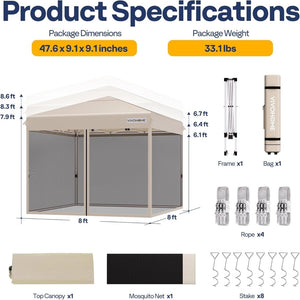 10x10ft Easy Pop - Up Canopy, Outdoor Screen Tent with Mosquito Netting, 2 Zipper Doors, and Roller Bag for Yard Camping Picnic Party Events, Beige - Wigtrends