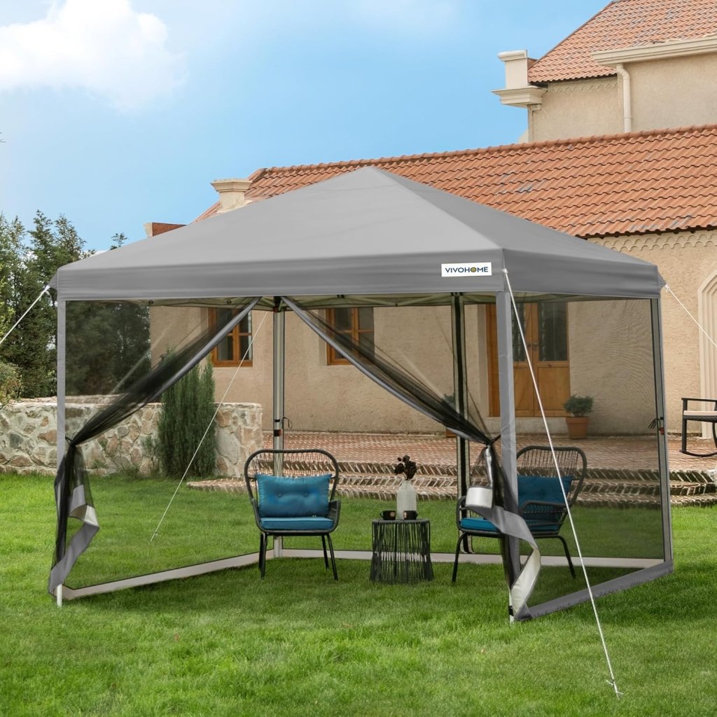 10x10ft Easy Pop - Up Canopy, Outdoor Screen Tent with Mosquito Netting, 2 Zipper Doors, and Roller Bag for Yard Camping Picnic Party Events, Beige - Wigtrends