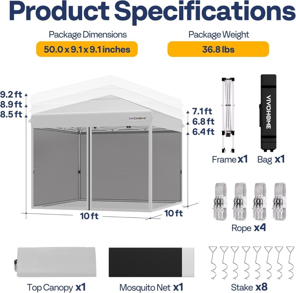 10x10ft Easy Pop - Up Canopy, Outdoor Screen Tent with Mosquito Netting, 2 Zipper Doors, and Roller Bag for Yard Camping Picnic Party Events, Beige - Wigtrends