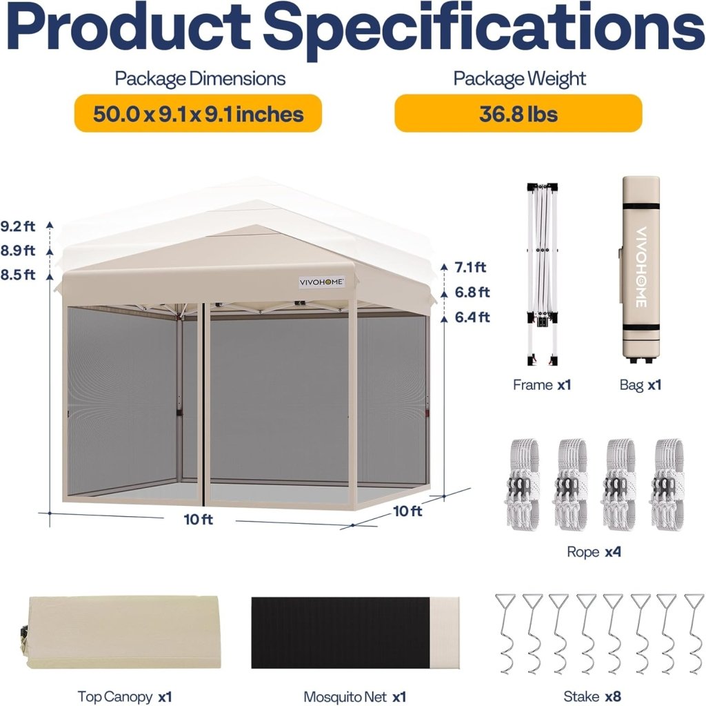 10x10ft Easy Pop - Up Canopy, Outdoor Screen Tent with Mosquito Netting, 2 Zipper Doors, and Roller Bag for Yard Camping Picnic Party Events, Beige - Wigtrends