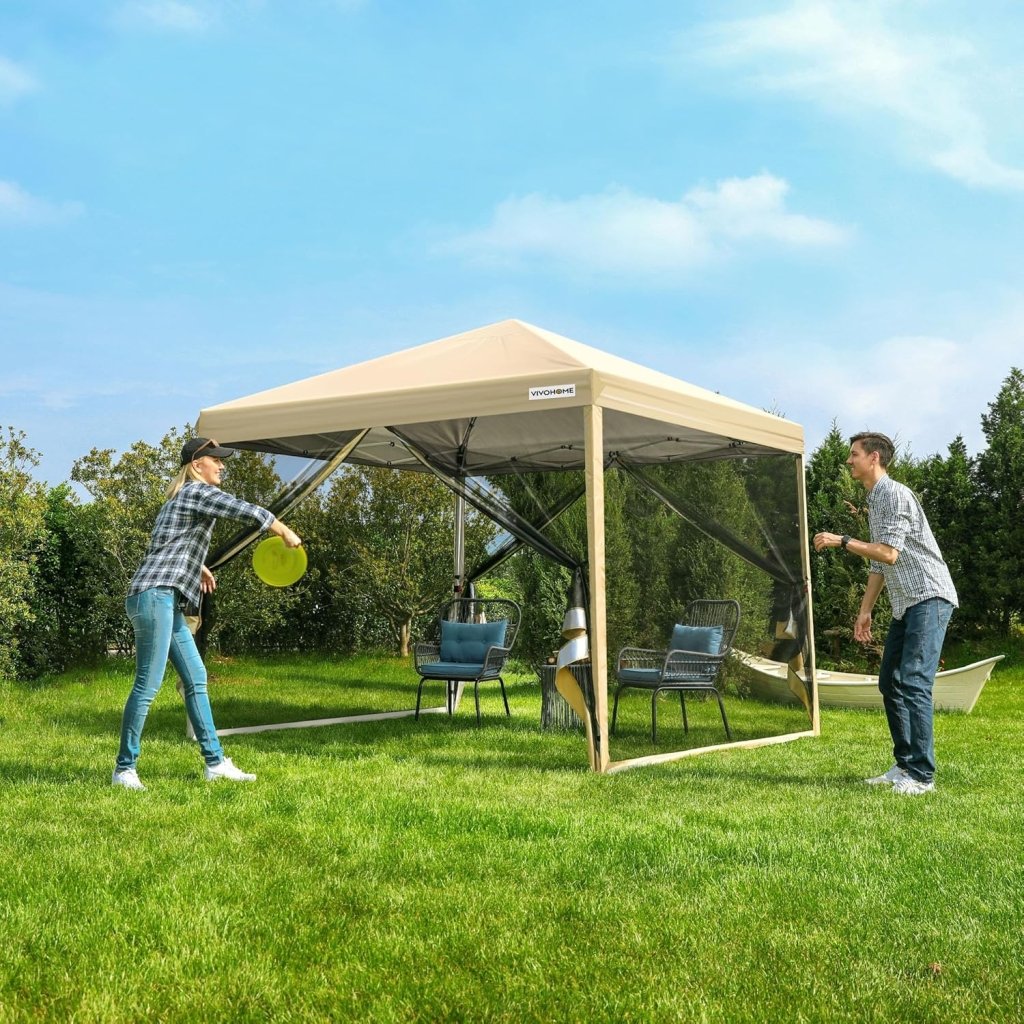 10x10ft Easy Pop - Up Canopy, Outdoor Screen Tent with Mosquito Netting, 2 Zipper Doors, and Roller Bag for Yard Camping Picnic Party Events, Beige - Wigtrends