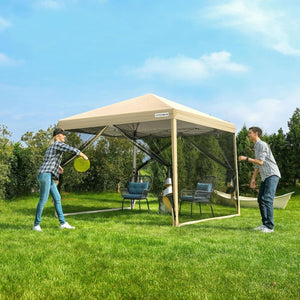 10x10ft Easy Pop - Up Canopy, Outdoor Screen Tent with Mosquito Netting, 2 Zipper Doors, and Roller Bag for Yard Camping Picnic Party Events, Beige - Wigtrends