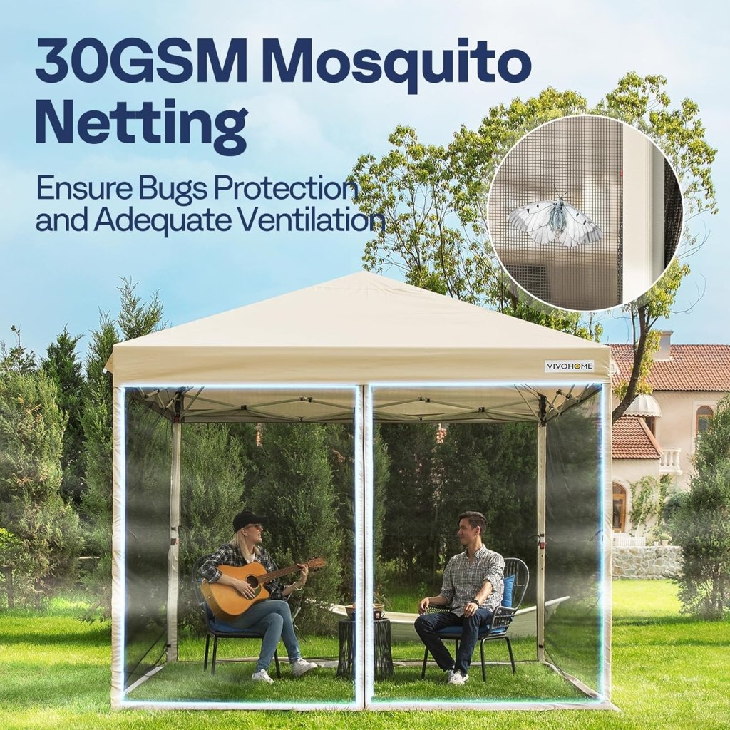 10x10ft Easy Pop - Up Canopy, Outdoor Screen Tent with Mosquito Netting, 2 Zipper Doors, and Roller Bag for Yard Camping Picnic Party Events, Beige - Wigtrends