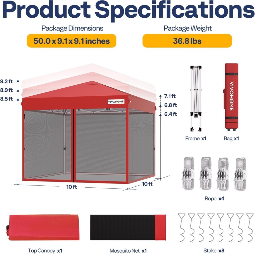 10x10ft Easy Pop - Up Canopy, Outdoor Screen Tent with Mosquito Netting, 2 Zipper Doors, and Roller Bag for Yard Camping Picnic Party Events, Beige - Wigtrends