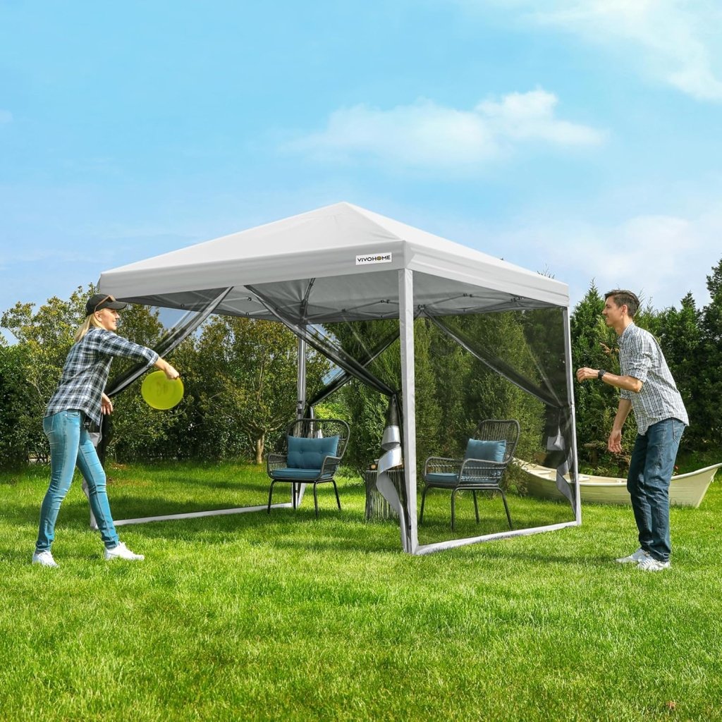 10x10ft Easy Pop - Up Canopy, Outdoor Screen Tent with Mosquito Netting, 2 Zipper Doors, and Roller Bag for Yard Camping Picnic Party Events, Beige - Wigtrends