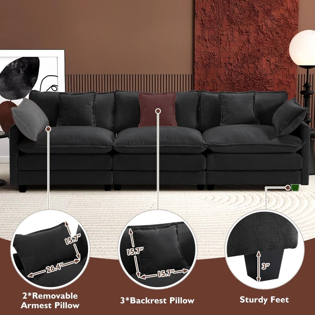 111.4 Inch L - Shaped Modern Sofa Modular Cloud Sofa with Ottoman, 4 - Seater Chenille Deep Seat Sofa with Pillows for Living Room, Bedroom and Apartment, Beige - Wigtrends