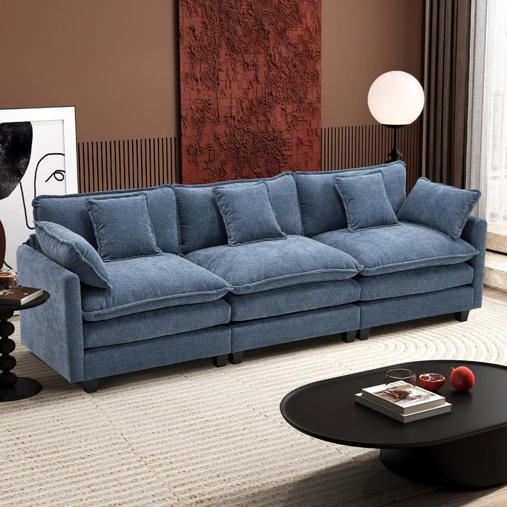111.4 Inch L - Shaped Modern Sofa Modular Cloud Sofa with Ottoman, 4 - Seater Chenille Deep Seat Sofa with Pillows for Living Room, Bedroom and Apartment, Beige - Wigtrends
