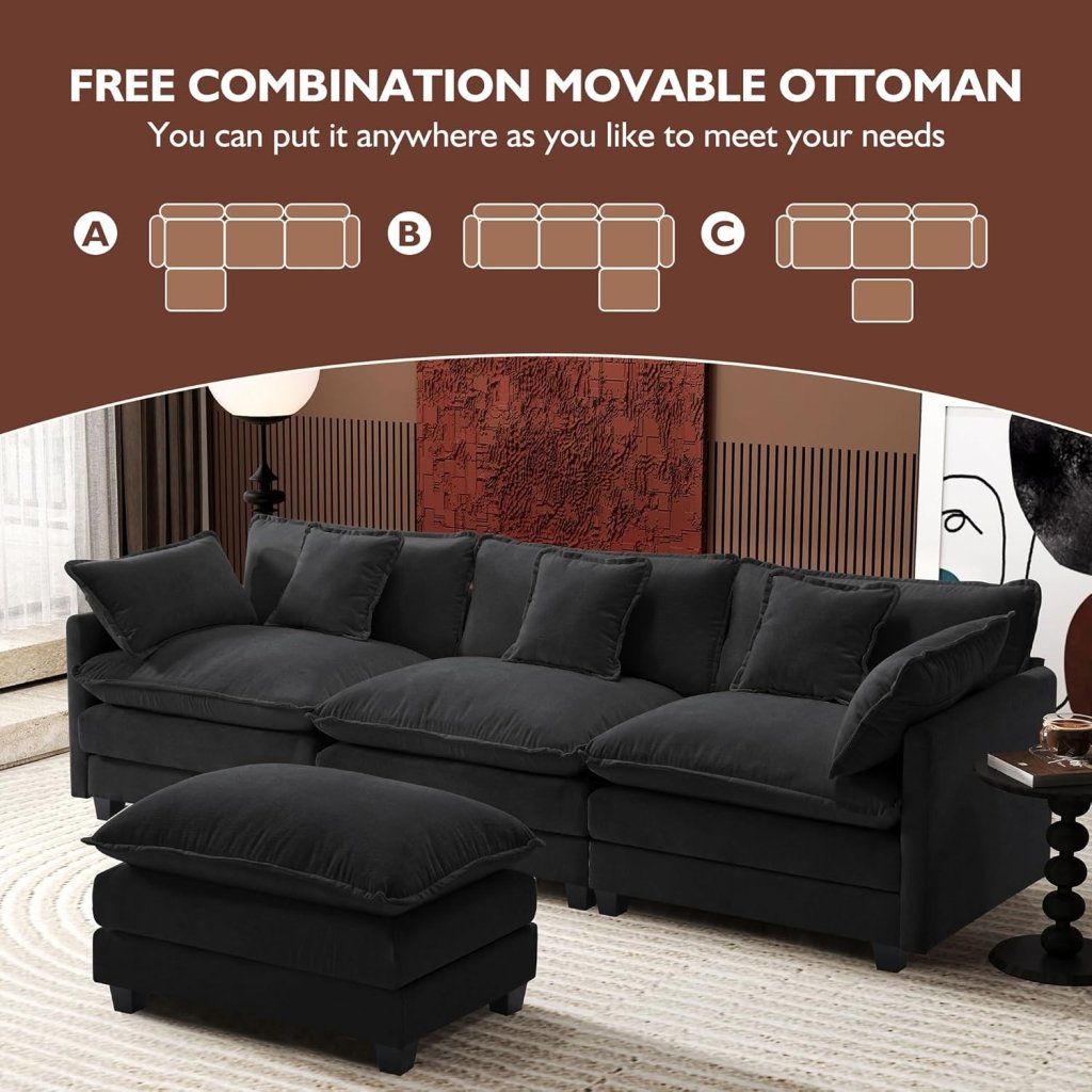 111.4 Inch L - Shaped Modern Sofa Modular Cloud Sofa with Ottoman, 4 - Seater Chenille Deep Seat Sofa with Pillows for Living Room, Bedroom and Apartment, Beige - Wigtrends