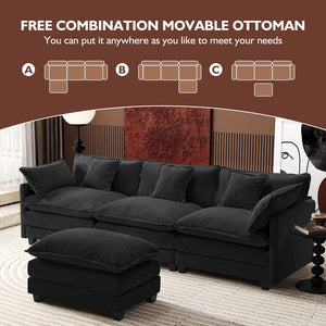 111.4 Inch L - Shaped Modern Sofa Modular Cloud Sofa with Ottoman, 4 - Seater Chenille Deep Seat Sofa with Pillows for Living Room, Bedroom and Apartment, Beige - Wigtrends