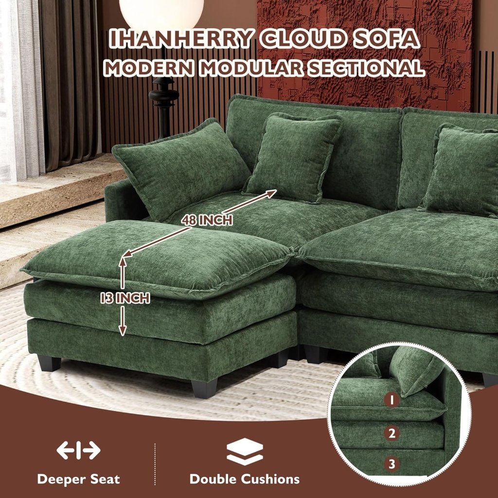 111.4 Inch L - Shaped Modern Sofa Modular Cloud Sofa with Ottoman, 4 - Seater Chenille Deep Seat Sofa with Pillows for Living Room, Bedroom and Apartment, Beige - Wigtrends