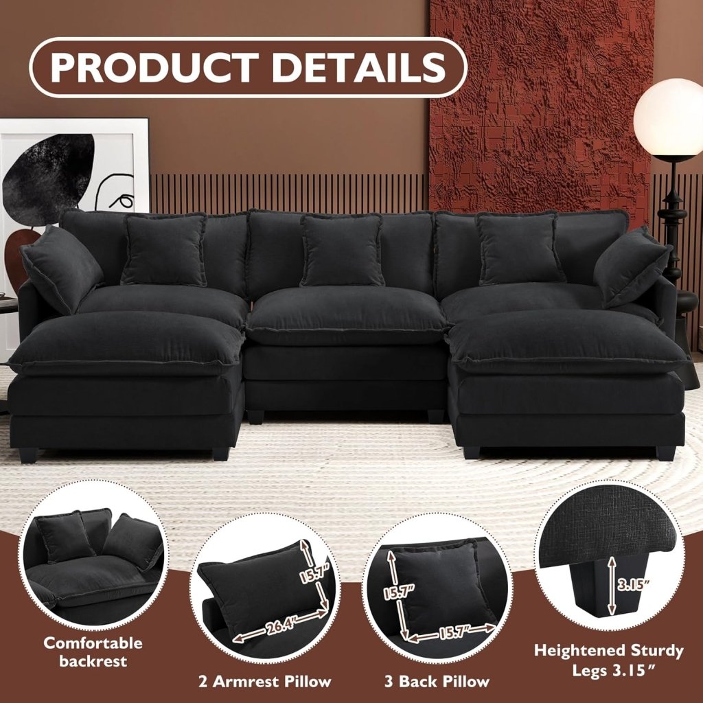 111.4 Inch L - Shaped Modern Sofa Modular Cloud Sofa with Ottoman, 4 - Seater Chenille Deep Seat Sofa with Pillows for Living Room, Bedroom and Apartment, Beige - Wigtrends