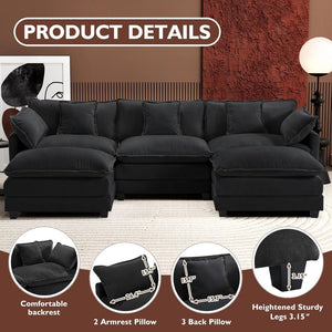 111.4 Inch L - Shaped Modern Sofa Modular Cloud Sofa with Ottoman, 4 - Seater Chenille Deep Seat Sofa with Pillows for Living Room, Bedroom and Apartment, Beige - Wigtrends
