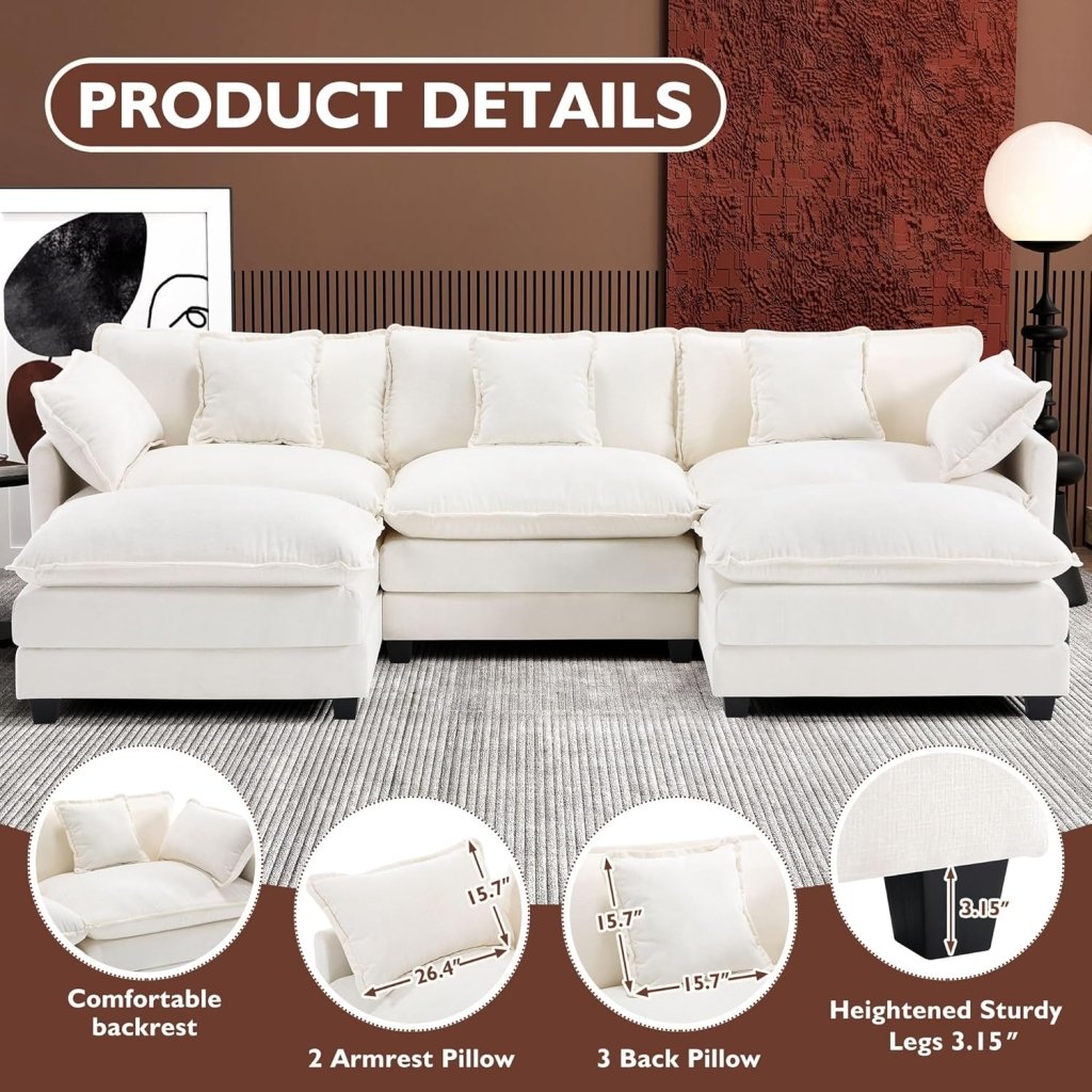 111.4 Inch L - Shaped Modern Sofa Modular Cloud Sofa with Ottoman, 4 - Seater Chenille Deep Seat Sofa with Pillows for Living Room, Bedroom and Apartment, Beige - Wigtrends