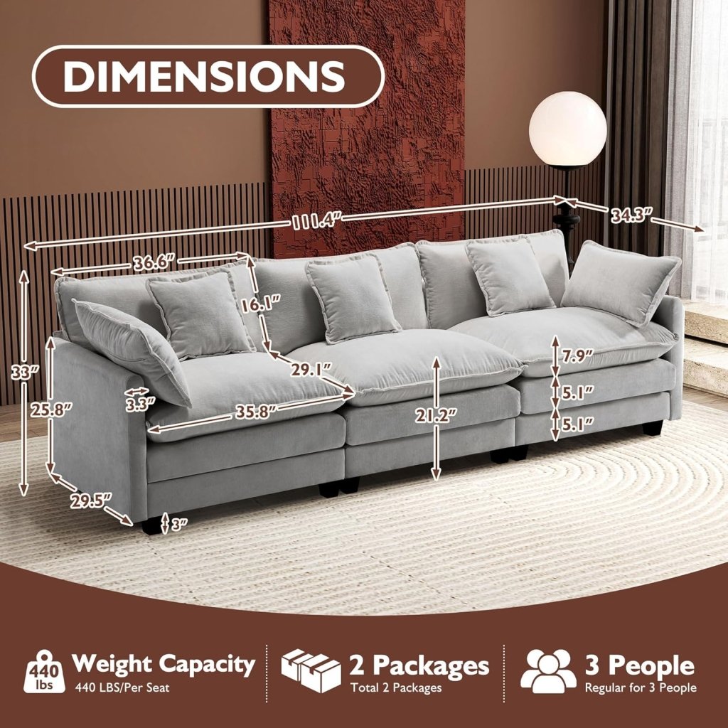 111.4 Inch L - Shaped Modern Sofa Modular Cloud Sofa with Ottoman, 4 - Seater Chenille Deep Seat Sofa with Pillows for Living Room, Bedroom and Apartment, Beige - Wigtrends